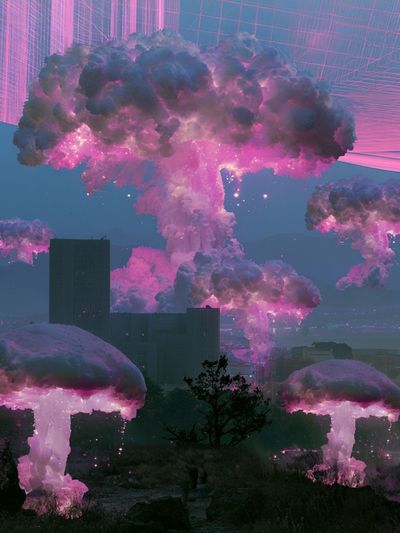Neon Mushroom Clouds Surrealism Poster. poster
