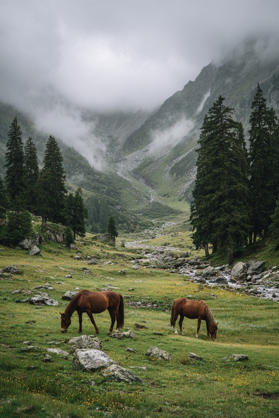 Horses in Misty Mountains — Nature Print. poster — nature art