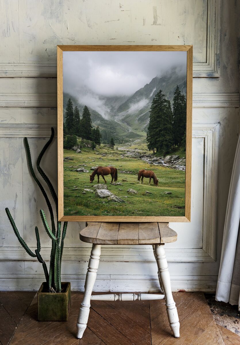 Horses in Misty Mountains — Nature Print. room preview