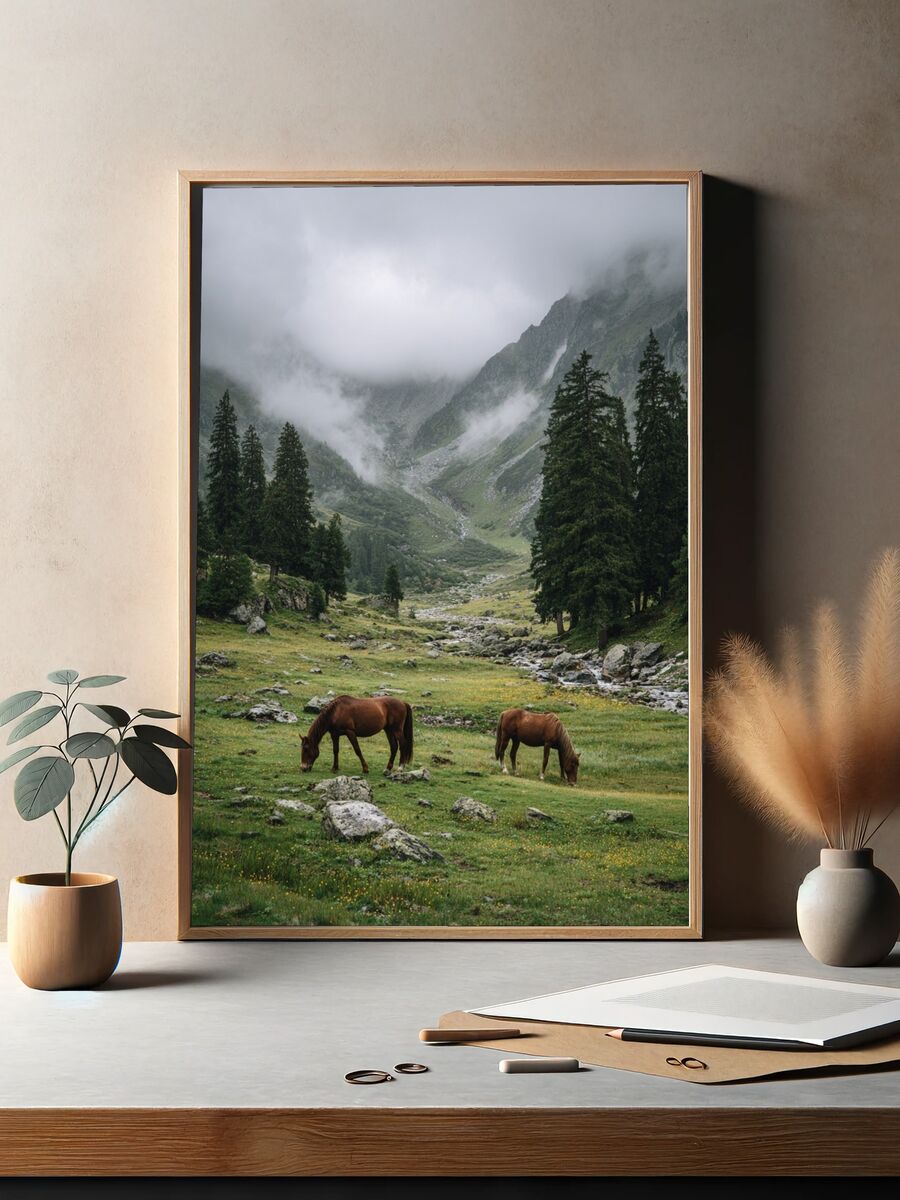 Horses in Misty Mountains — Nature Print. — room view 2