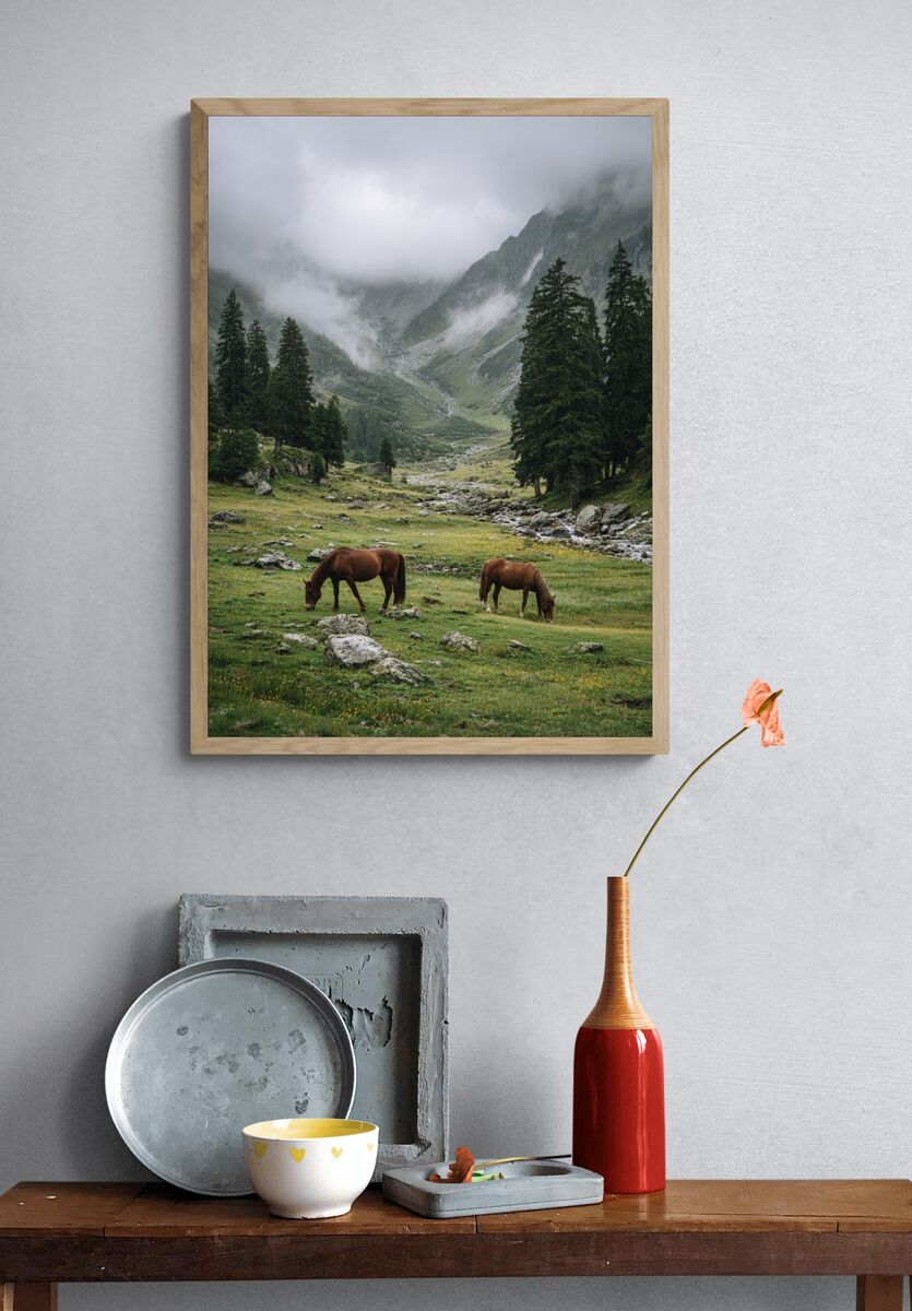 Horses in Misty Mountains — Nature Print. — room view 3