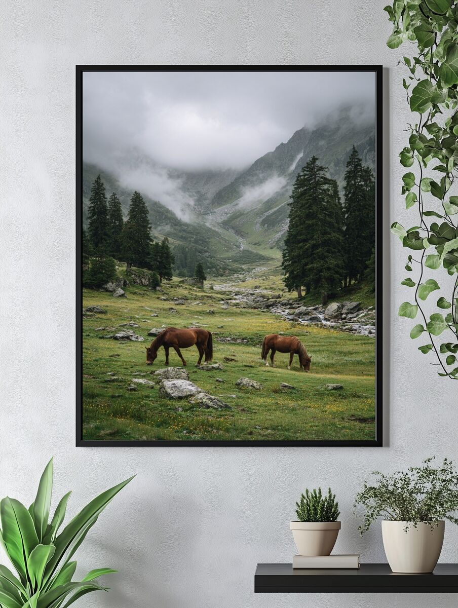 Horses in Misty Mountains — Nature Print. — room view 4