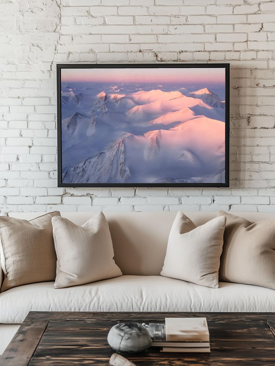 Snowy Mountain Peaks at Dawn — Photography Print. — room view 1