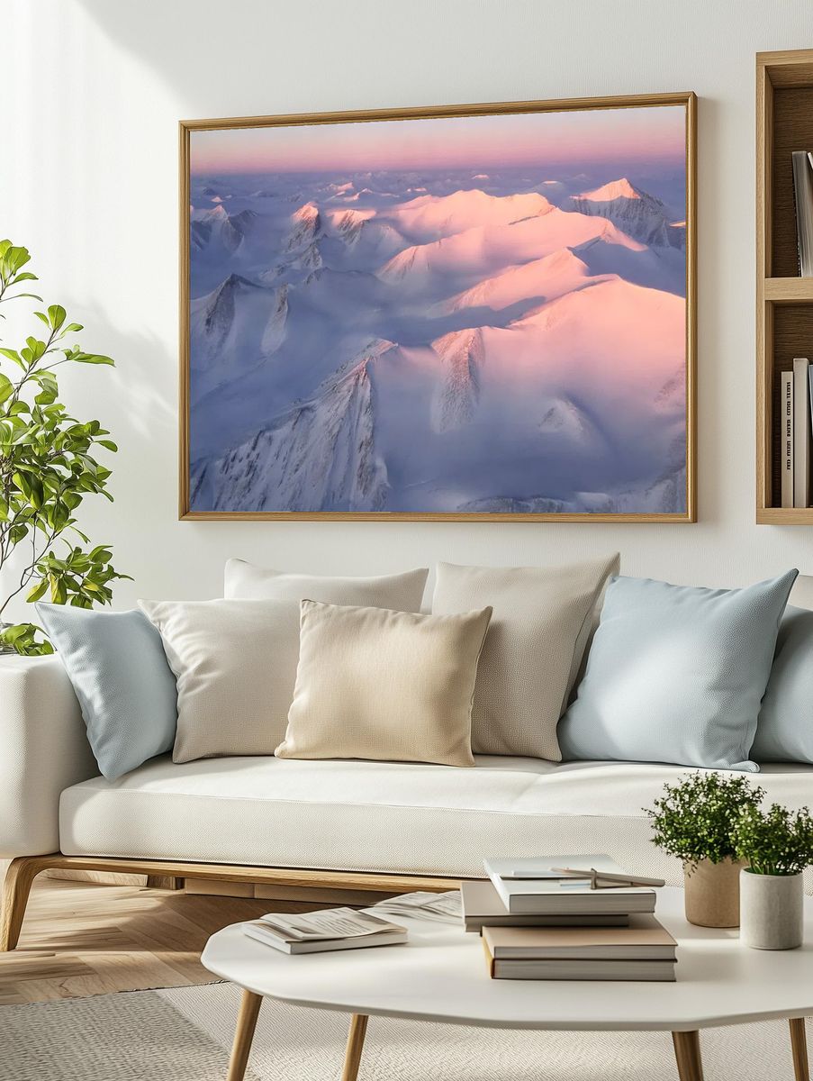 Snowy Mountain Peaks at Dawn — Photography Print. — room view 2