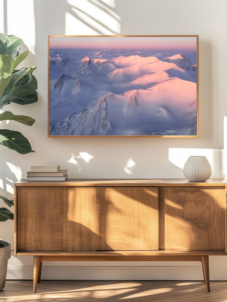 Snowy Mountain Peaks at Dawn — Photography Print. — room view 3