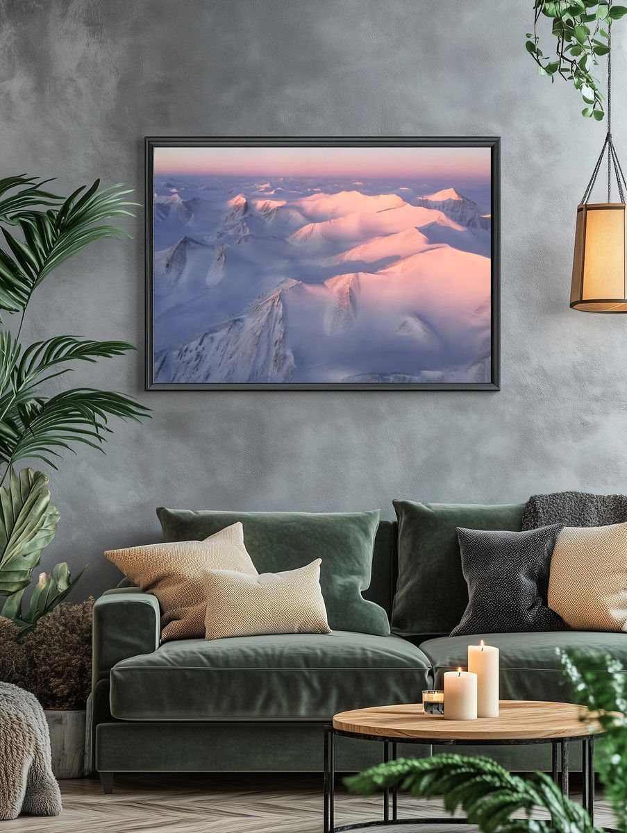 Snowy Mountain Peaks at Dawn — Photography Print. — room view 4