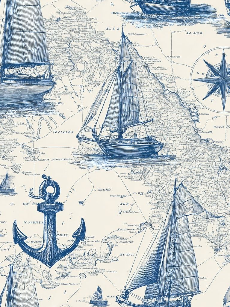 Nautical Map with Sailboats — Vintage Print. poster detail