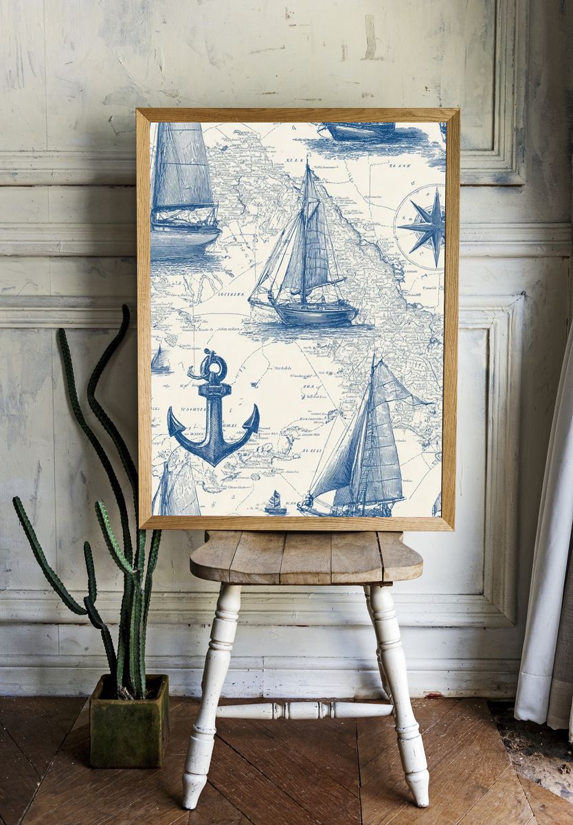 Nautical Map with Sailboats — Vintage Print. — room view 1