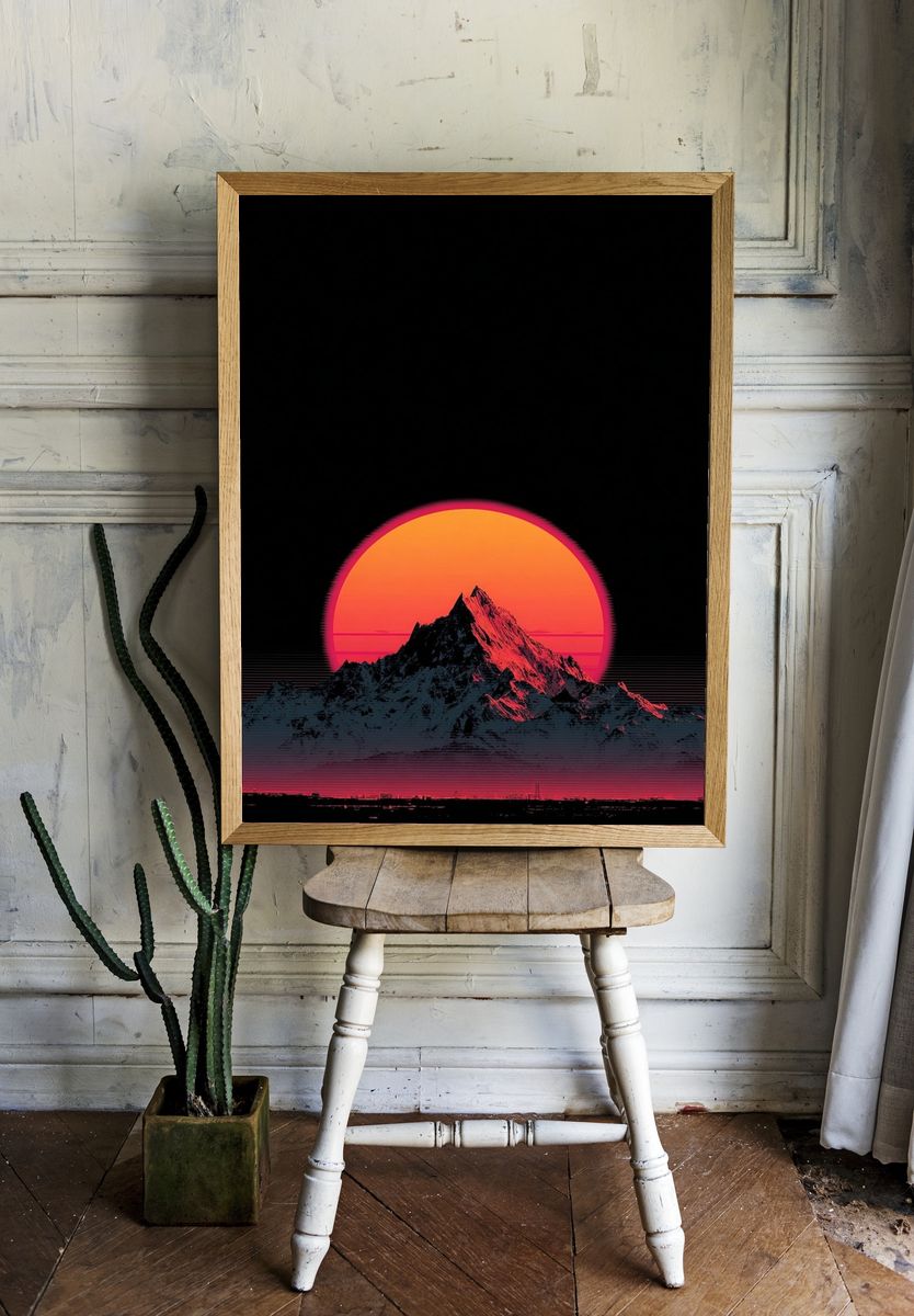 Neon Mountain Sunset Print. — room view 1
