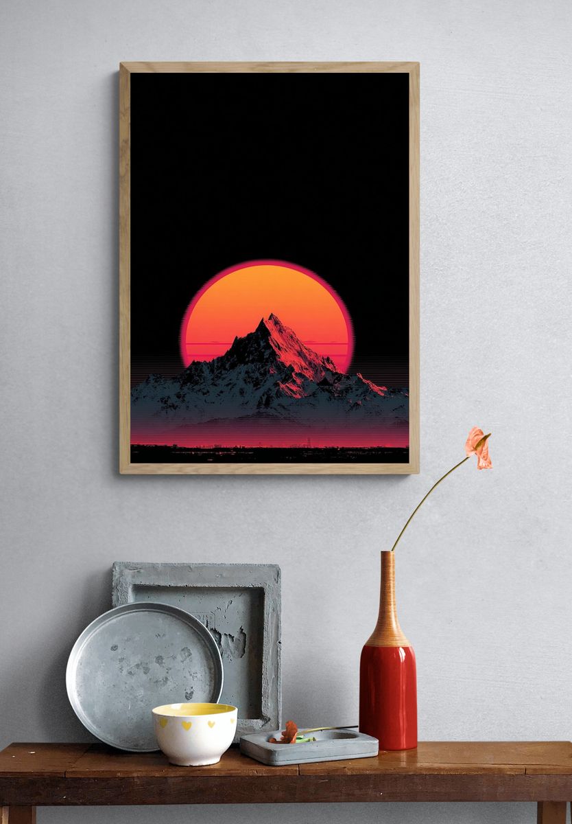 Neon Mountain Sunset Print. — room view 3