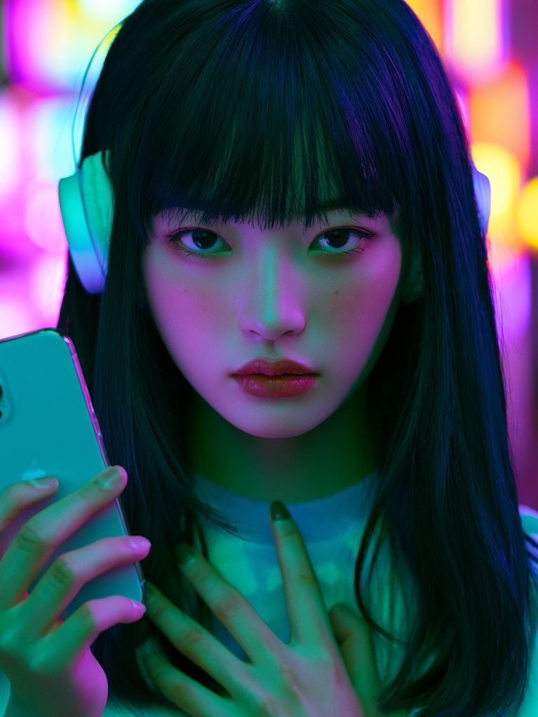 Neon Portrait with Smartphone Poster. poster detail