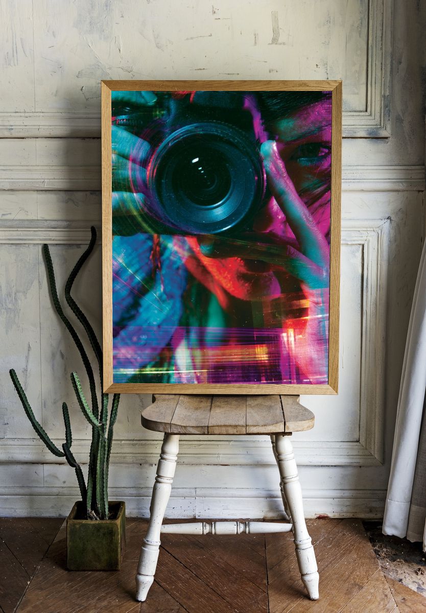 Neon Photographer Portrait Print. room preview