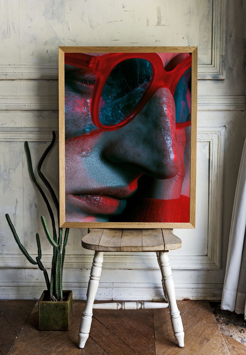 Neon Red Glasses Portrait Print. — room view 1