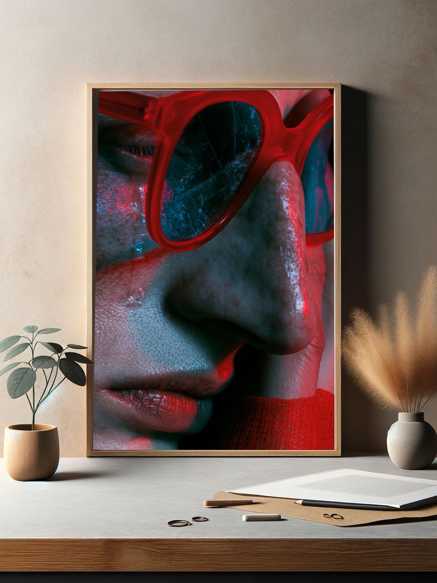 Neon Red Glasses Portrait Print. — room view 2