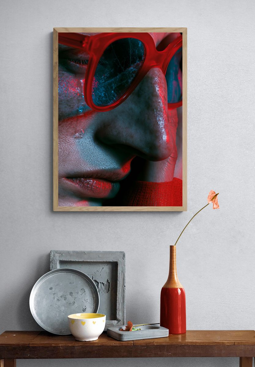 Neon Red Glasses Portrait Print. — room view 3
