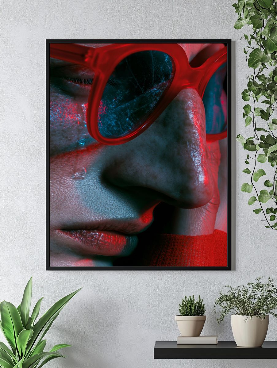 Neon Red Glasses Portrait Print. — room view 4