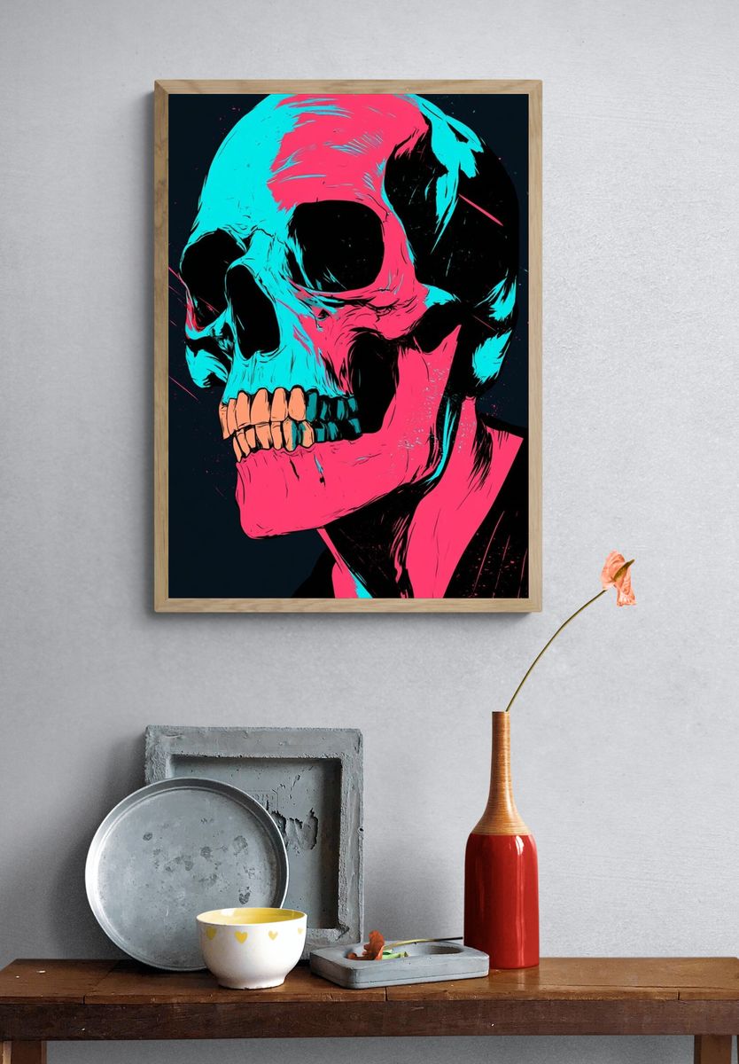 Neon Skull Illustration Poster. — room view 3