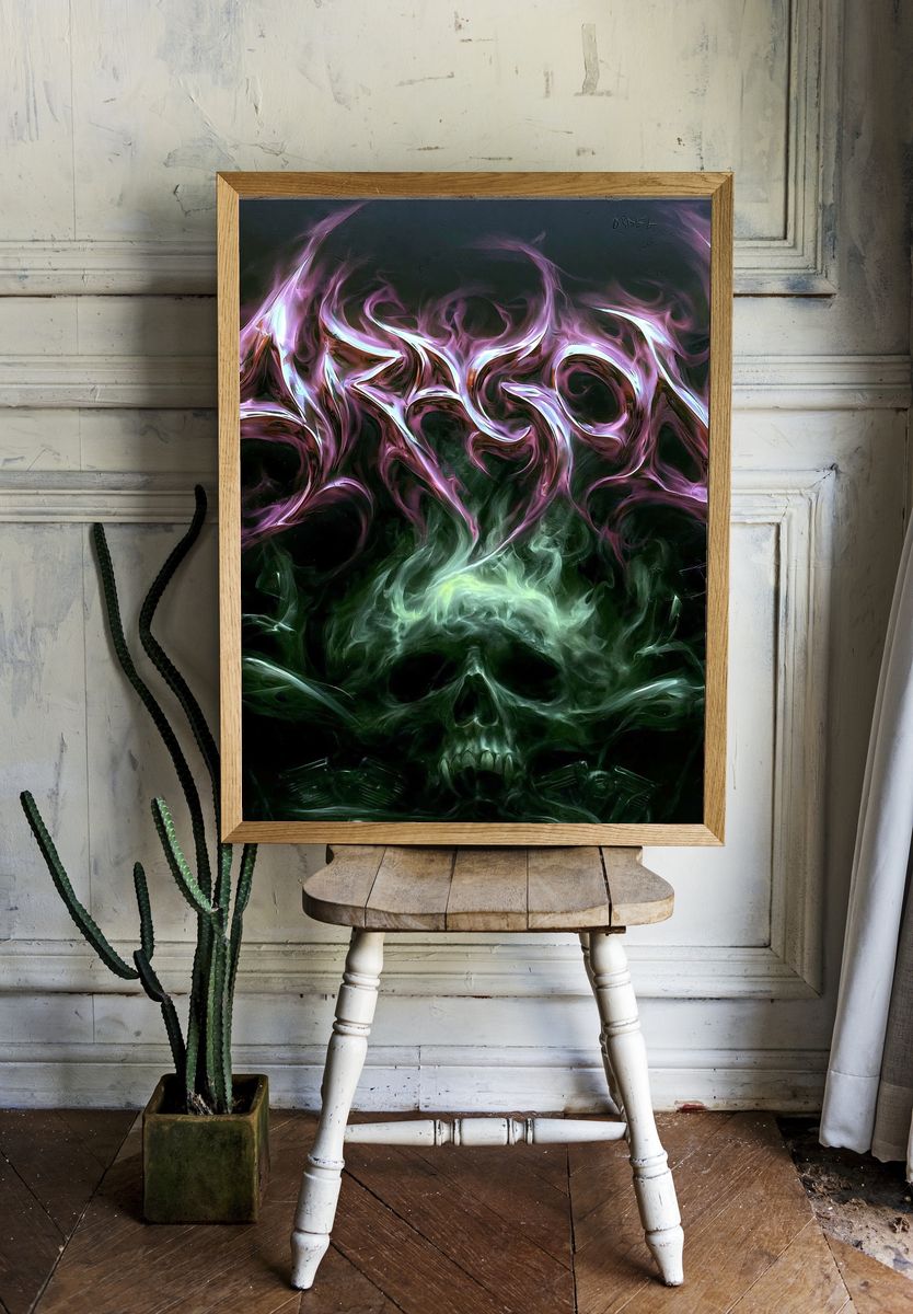 Neon Skull Smoke Illustration Poster. — room view 1