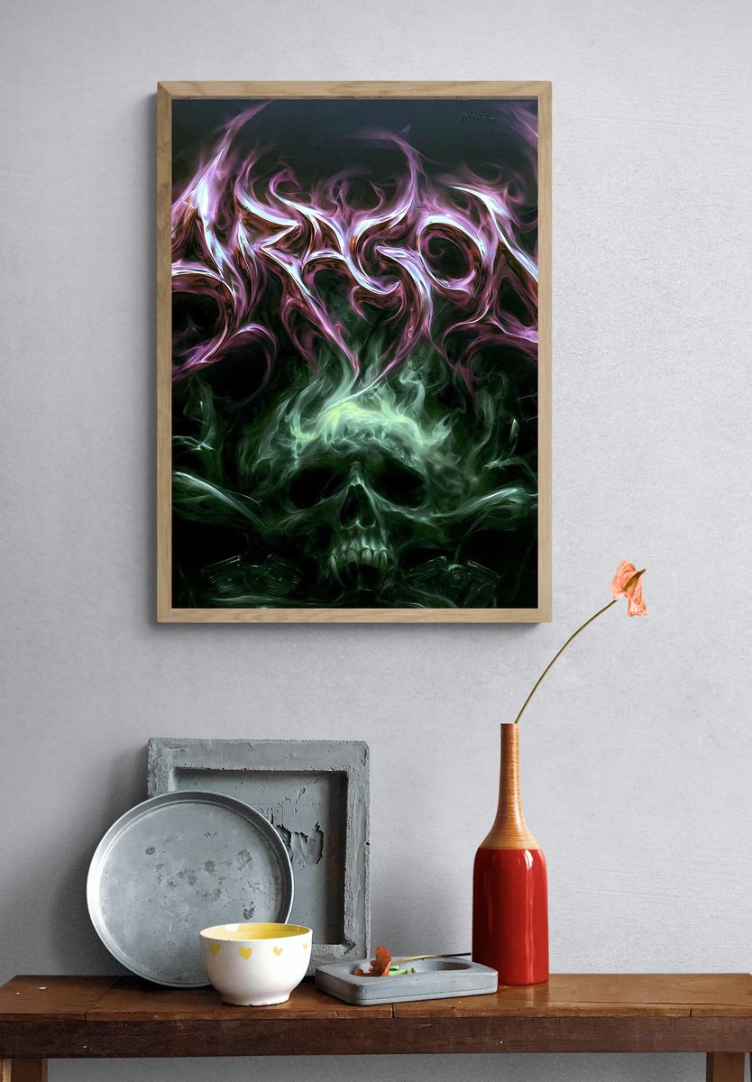 Neon Skull Smoke Illustration Poster. — room view 3