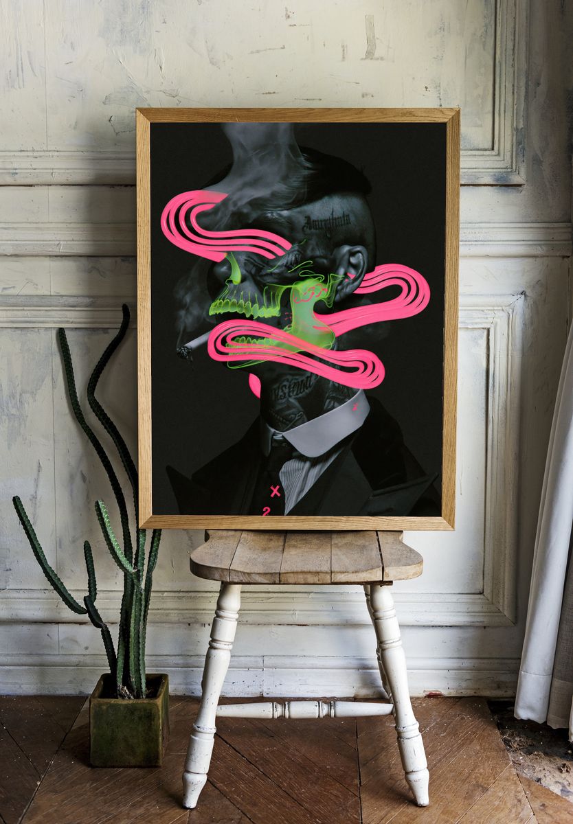 Neon Skull Portrait Illustration Poster. — room view 1