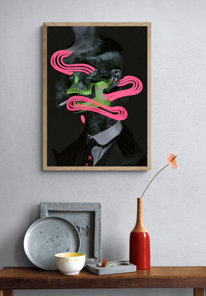 Neon Skull Portrait Illustration Poster. — room view 3