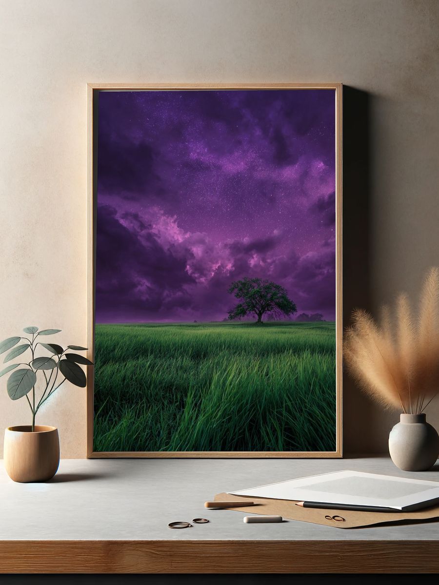Starry Night Sky Over Green Field — Photography Print. — room view 2