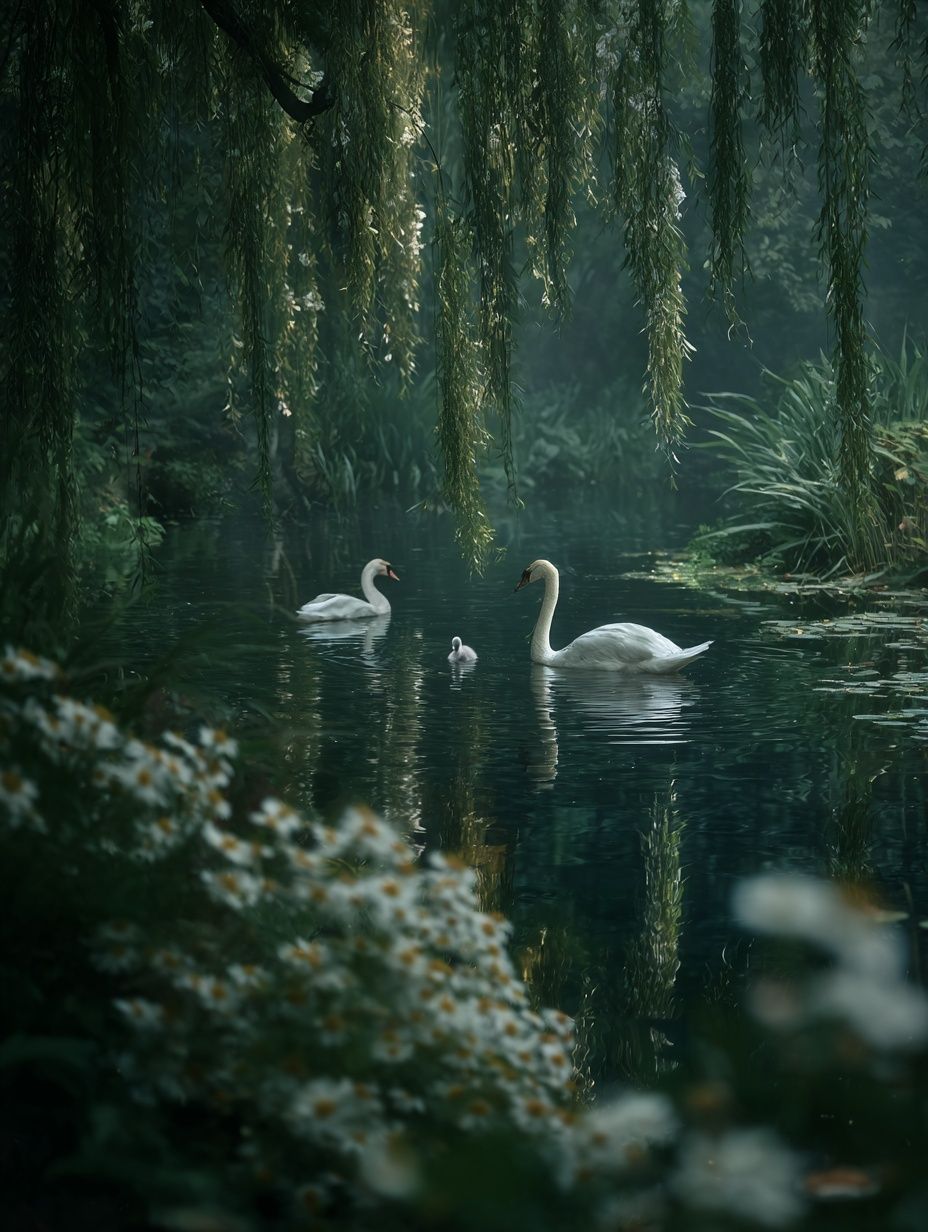 Swans in Tranquil Waters — Nature Print. poster — nature art