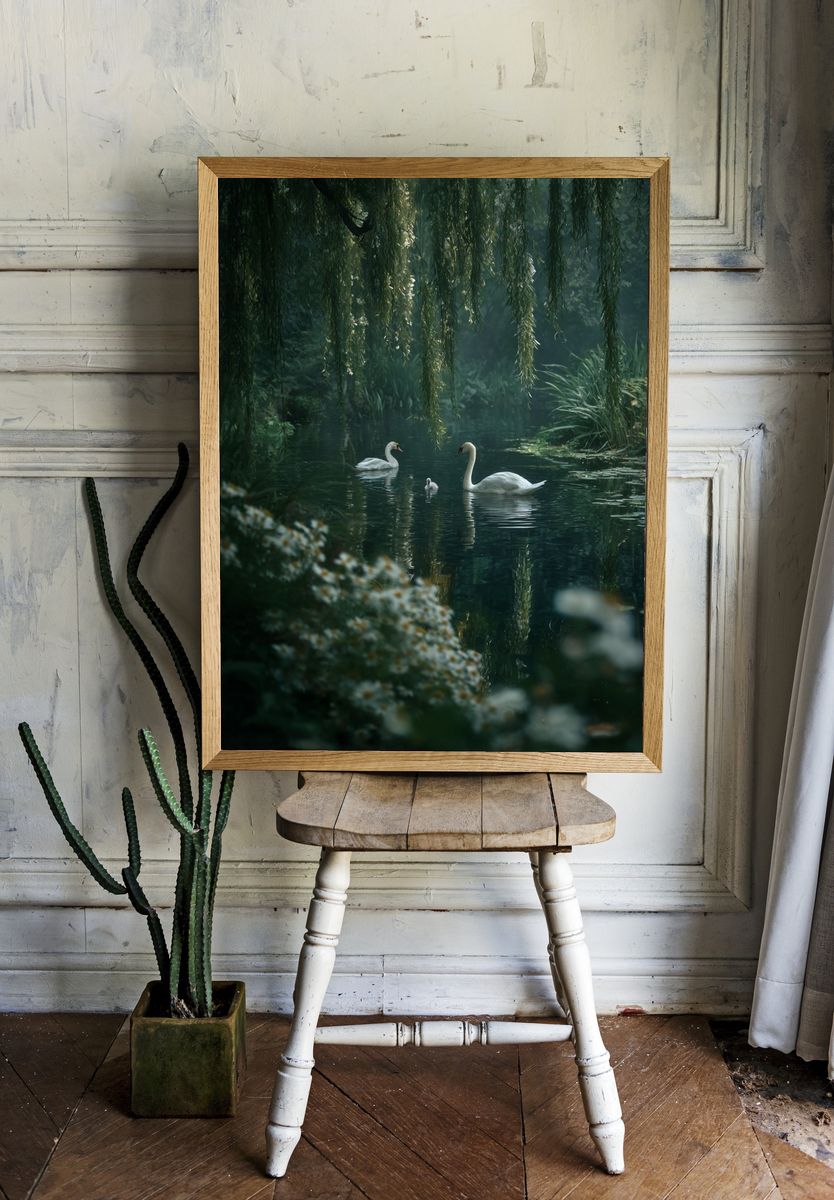 Swans in Tranquil Waters — Nature Print. — room view 1
