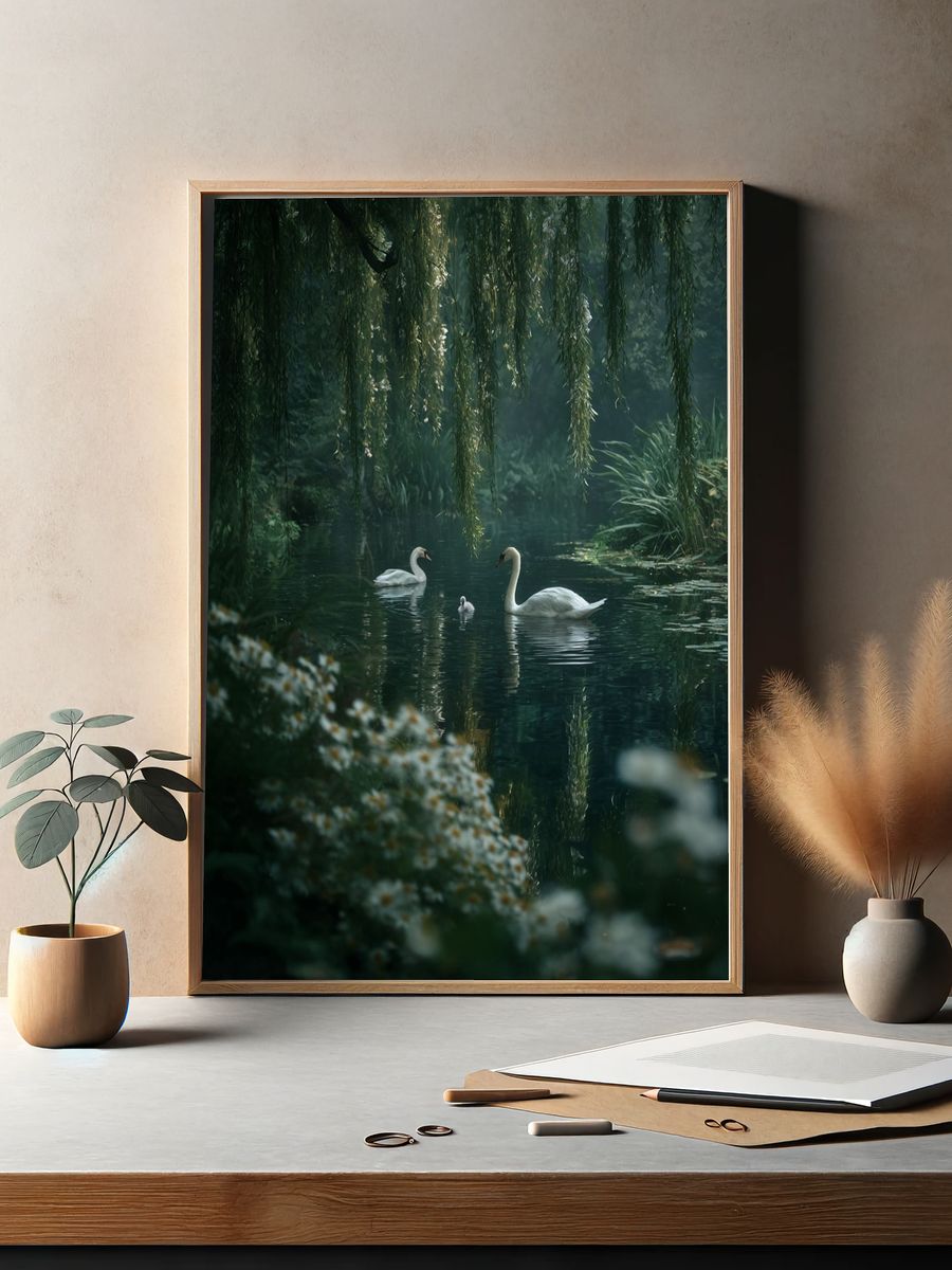 Swans in Tranquil Waters — Nature Print. — room view 2