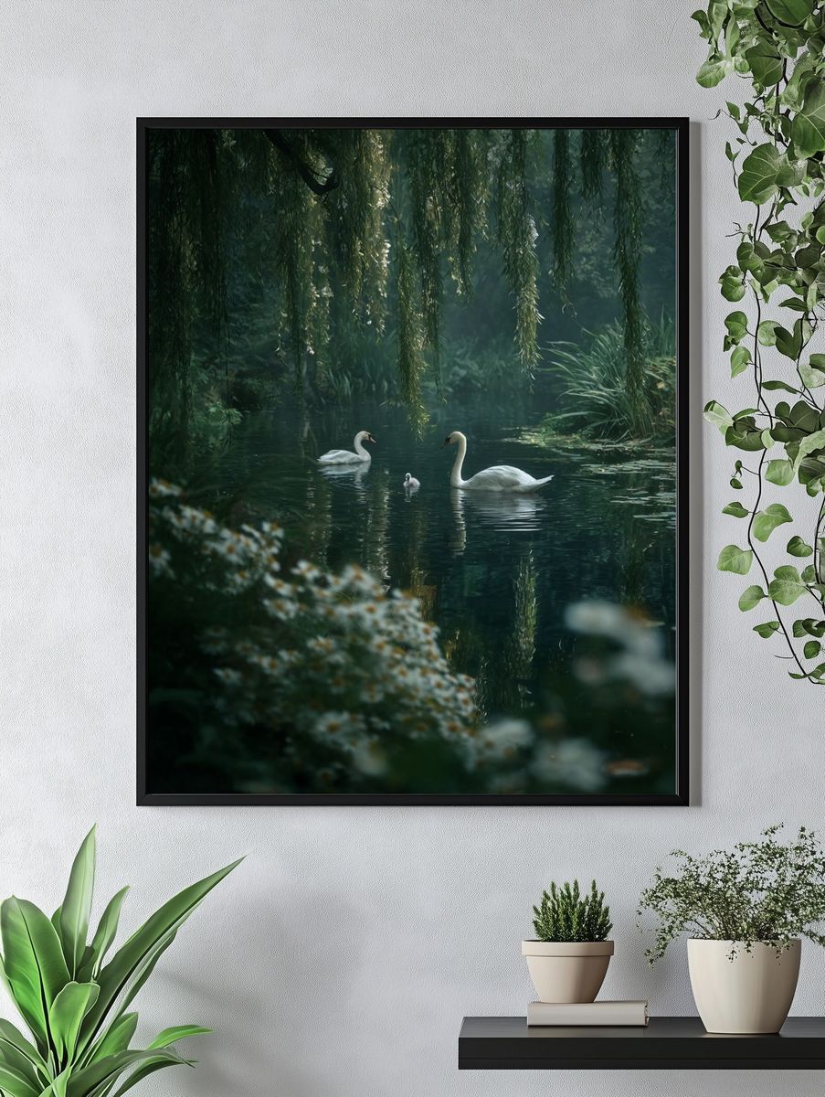 Swans in Tranquil Waters — Nature Print. — room view 4
