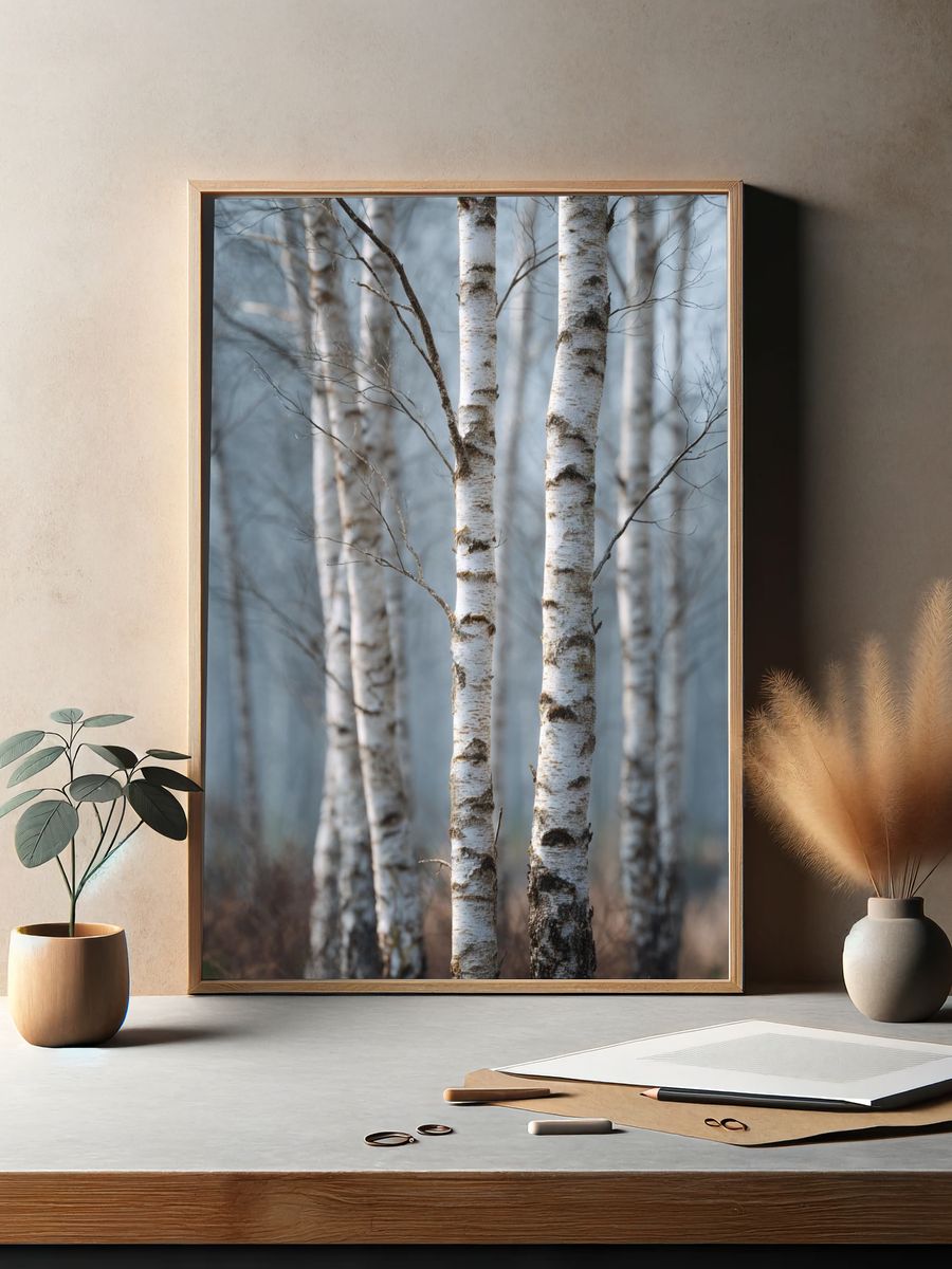 Birch Trees in Mist — Nature Photography Poster. — room view 2