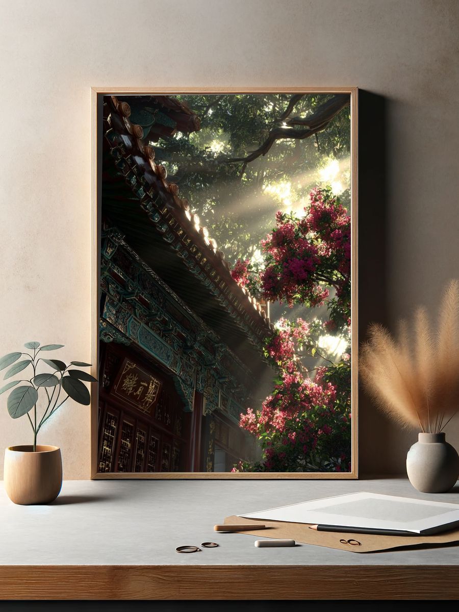 Serene Temple Garden — Nature Print. — room view 2