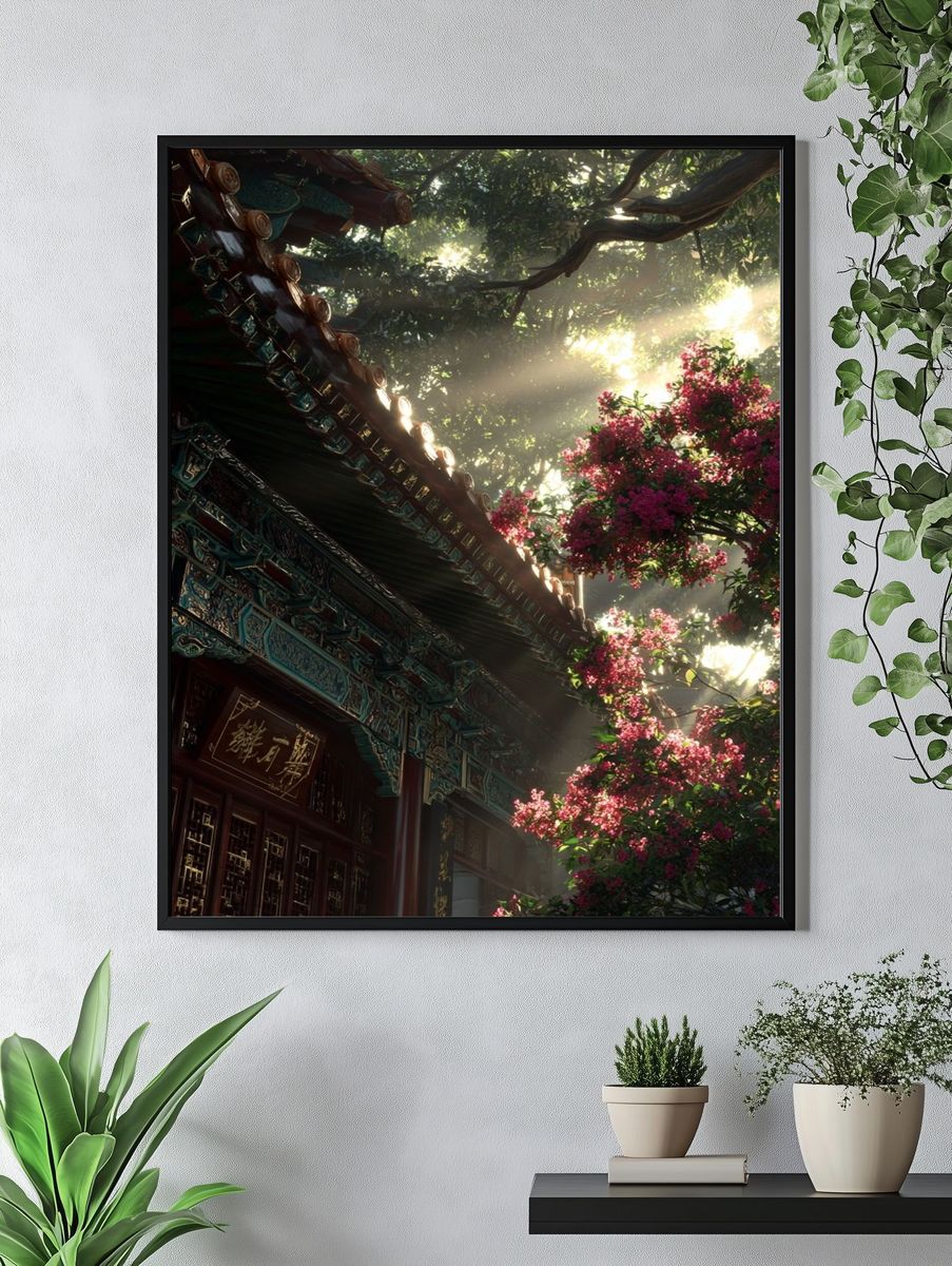 Serene Temple Garden — Nature Print. — room view 4