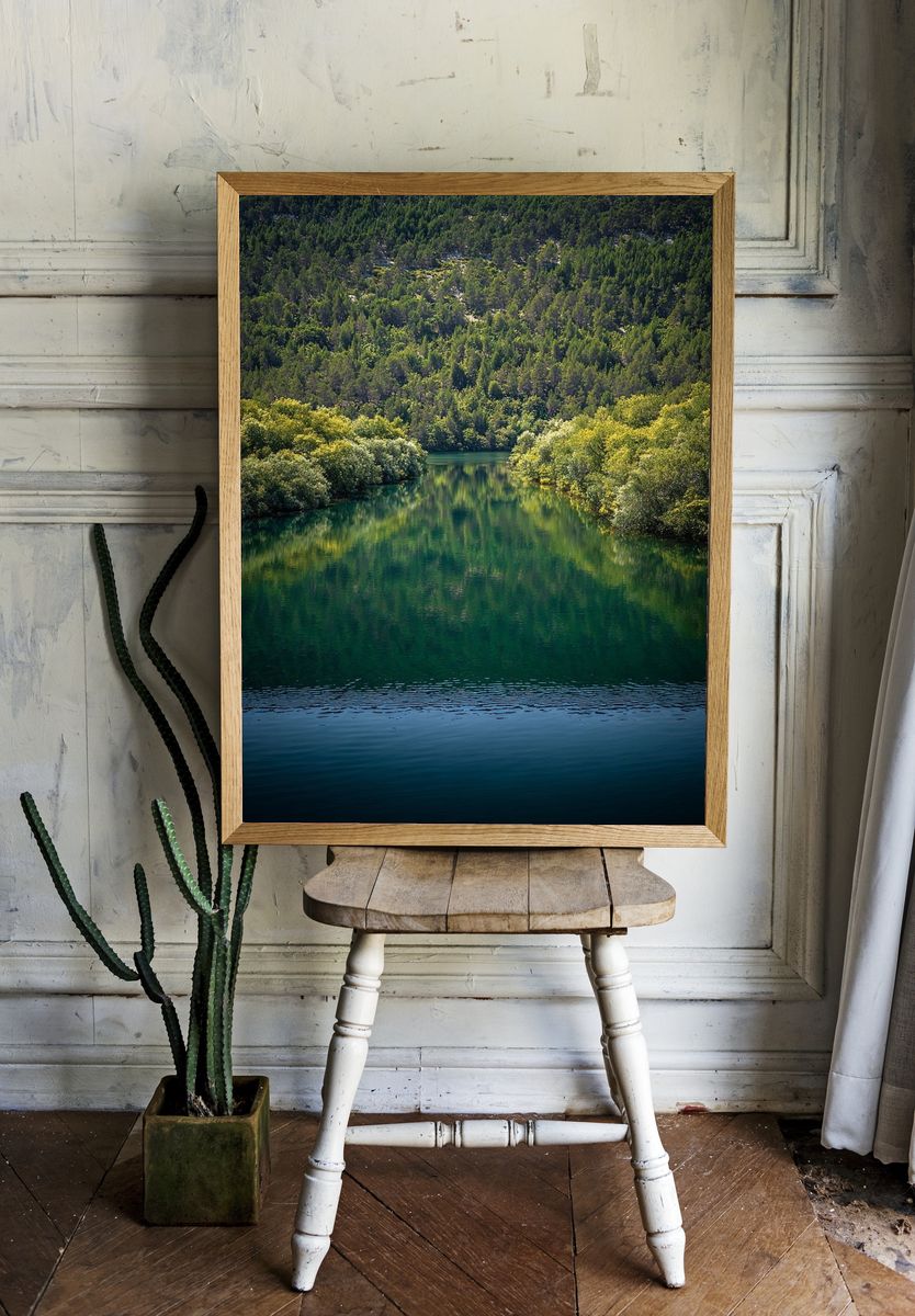 Serene River Reflection — Nature Poster. — room view 1