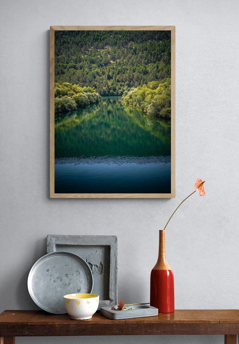 Serene River Reflection — Nature Poster. — room view 3