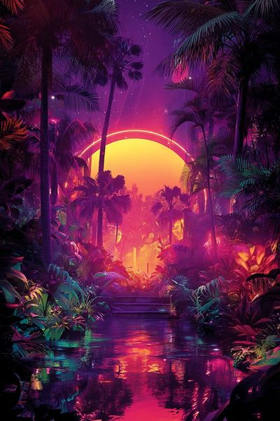 Neon Tropical Sunset Poster. poster print