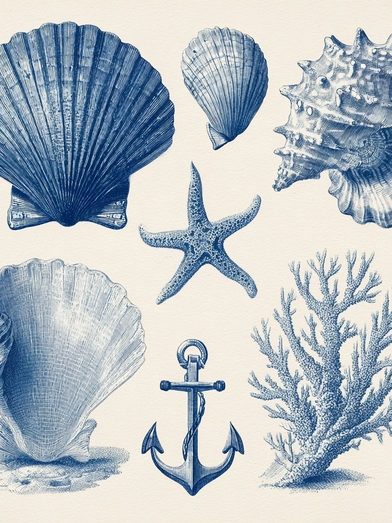 Nautical Shells and Anchor — Vintage Print. poster detail