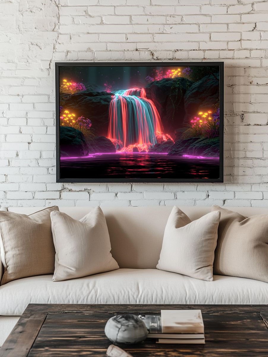 Neon Waterfall Fantasy Print. room preview