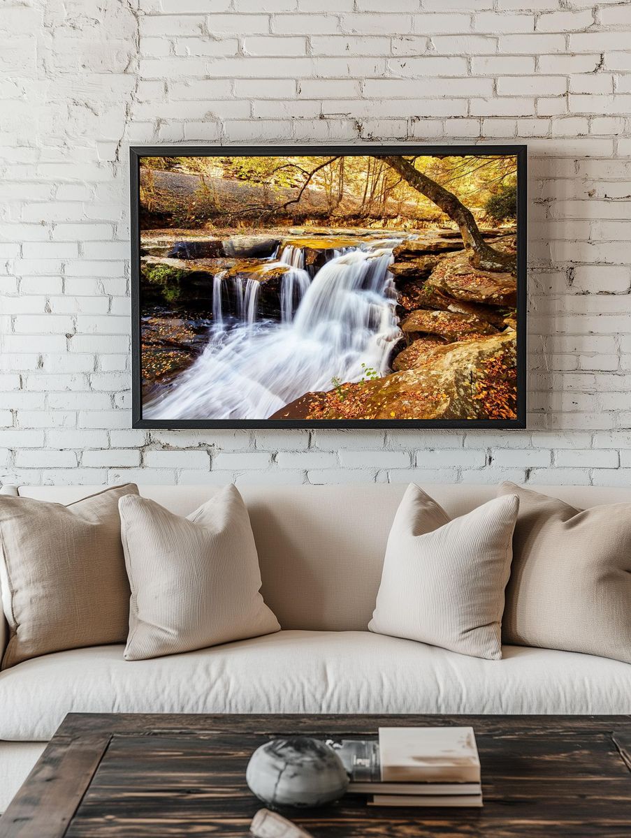 Serene Waterfall in Autumn — Nature Print. — room view 1