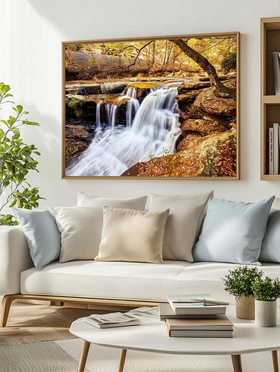 Serene Waterfall in Autumn — Nature Print. — room view 2