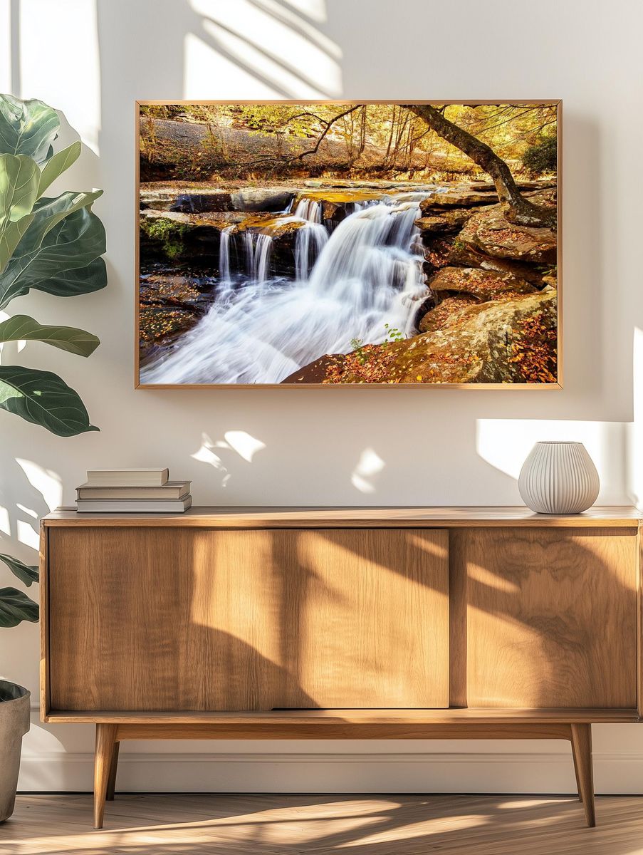 Serene Waterfall in Autumn — Nature Print. — room view 3