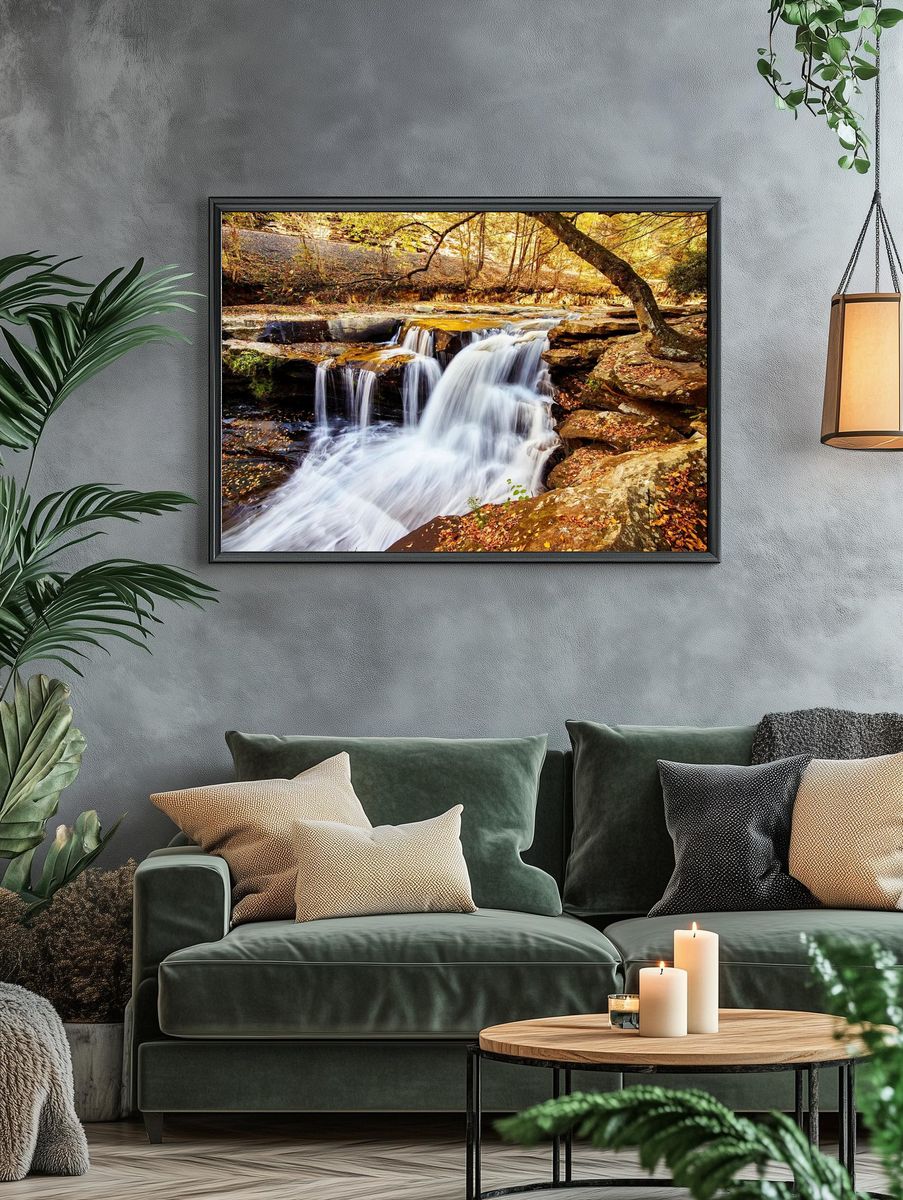 Serene Waterfall in Autumn — Nature Print. — room view 4