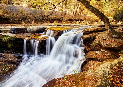 Serene Waterfall in Autumn — Nature Print. poster