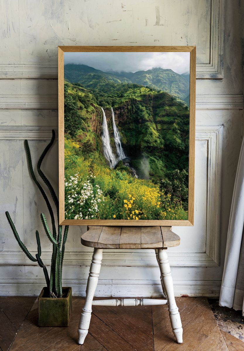 Majestic Waterfall in Lush Greenery Poster room preview