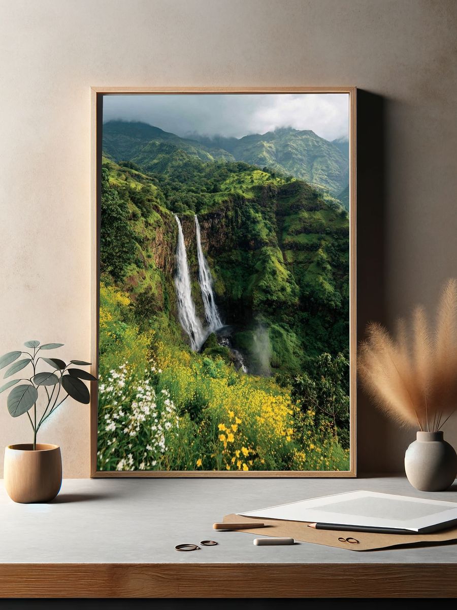 Majestic Waterfall in Lush Greenery Poster. — room view 2