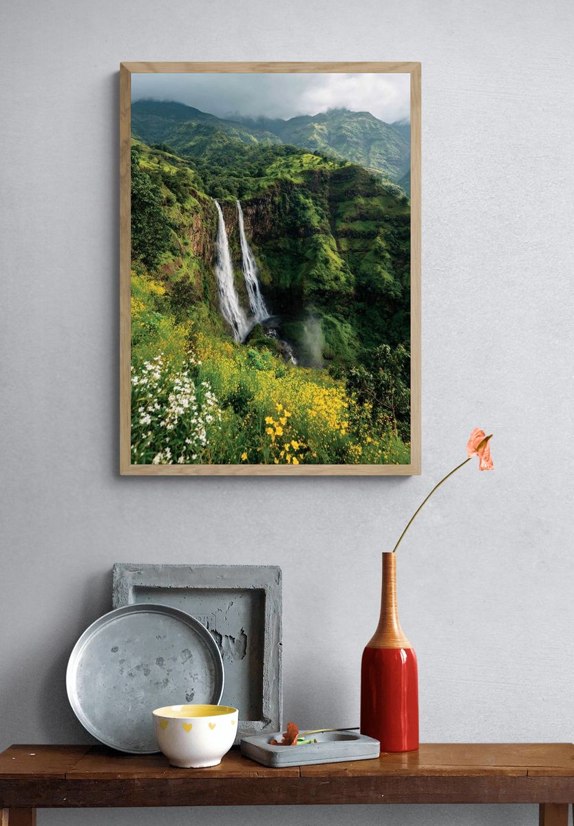 Majestic Waterfall in Lush Greenery Poster. — room view 3