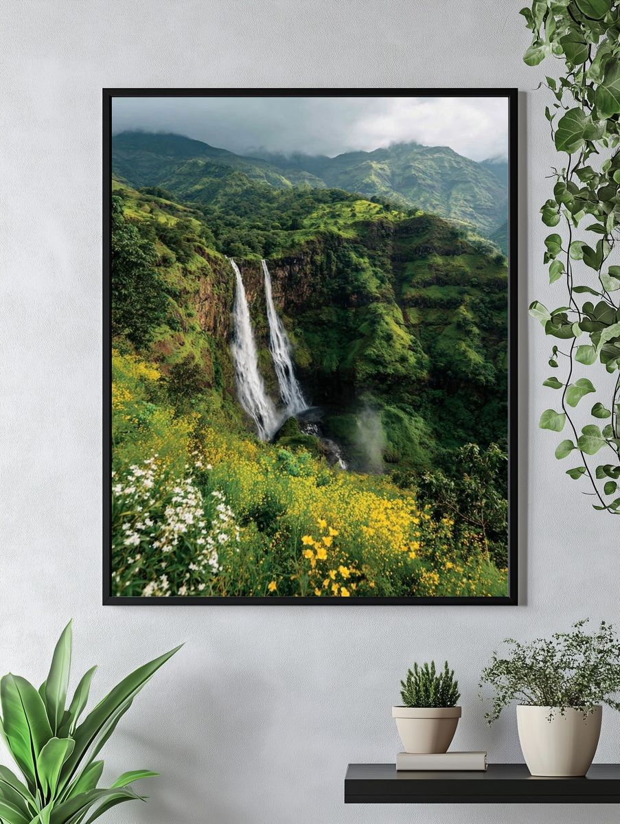 Majestic Waterfall in Lush Greenery Poster. — room view 4