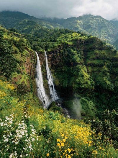 Majestic Waterfall in Lush Greenery Poster