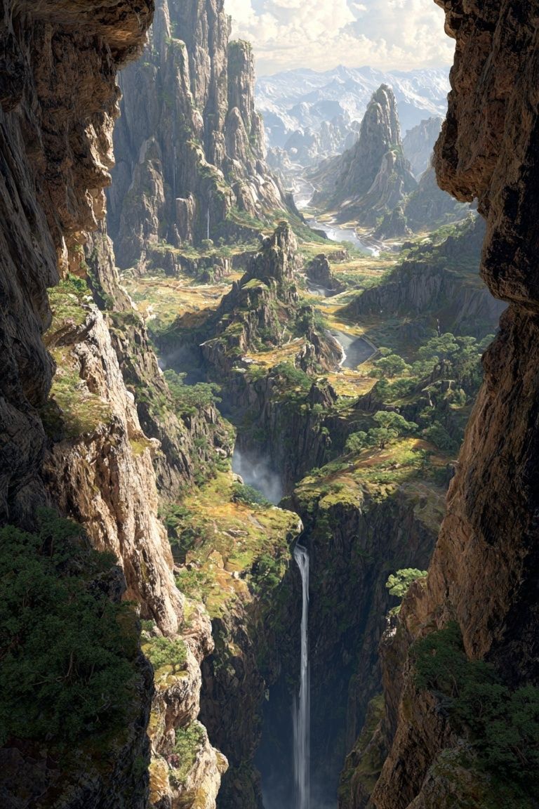 Majestic Waterfall in Mountain Valley Poster. poster detail