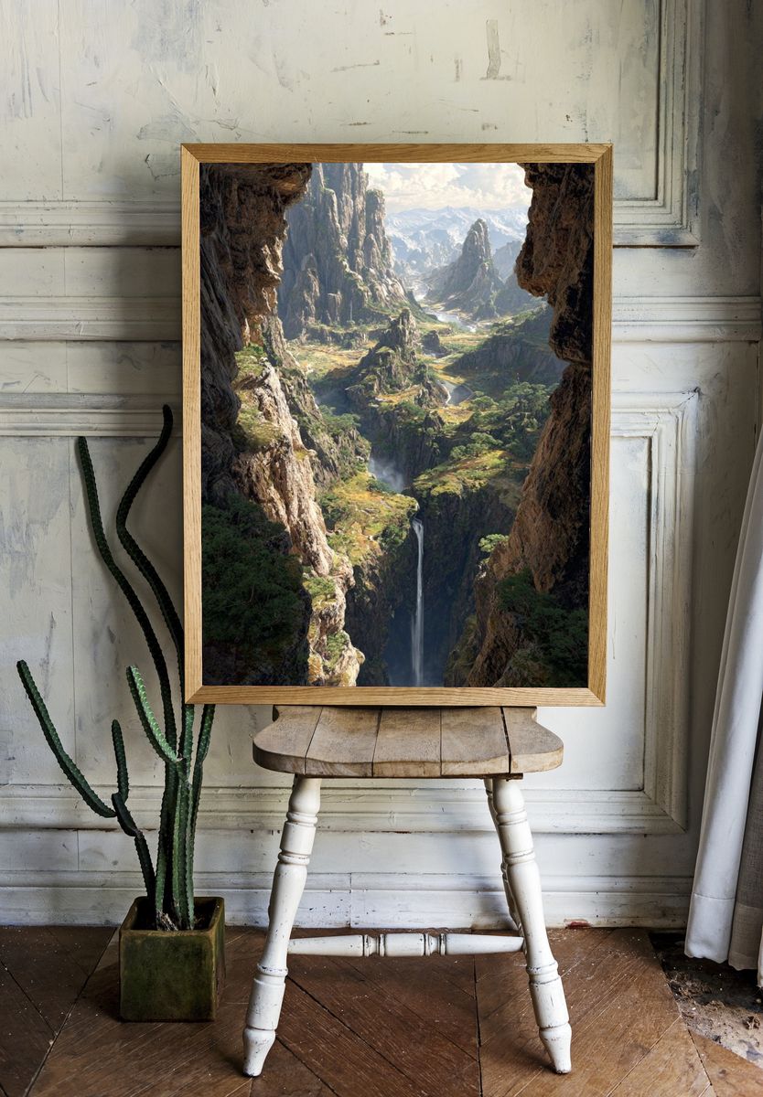 Majestic Waterfall in Mountain Valley Poster room preview